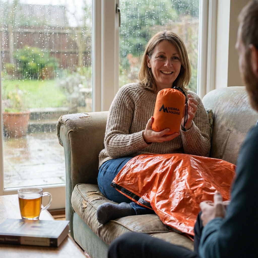 Customer using Emergency Sleeping Bag at home during power outage